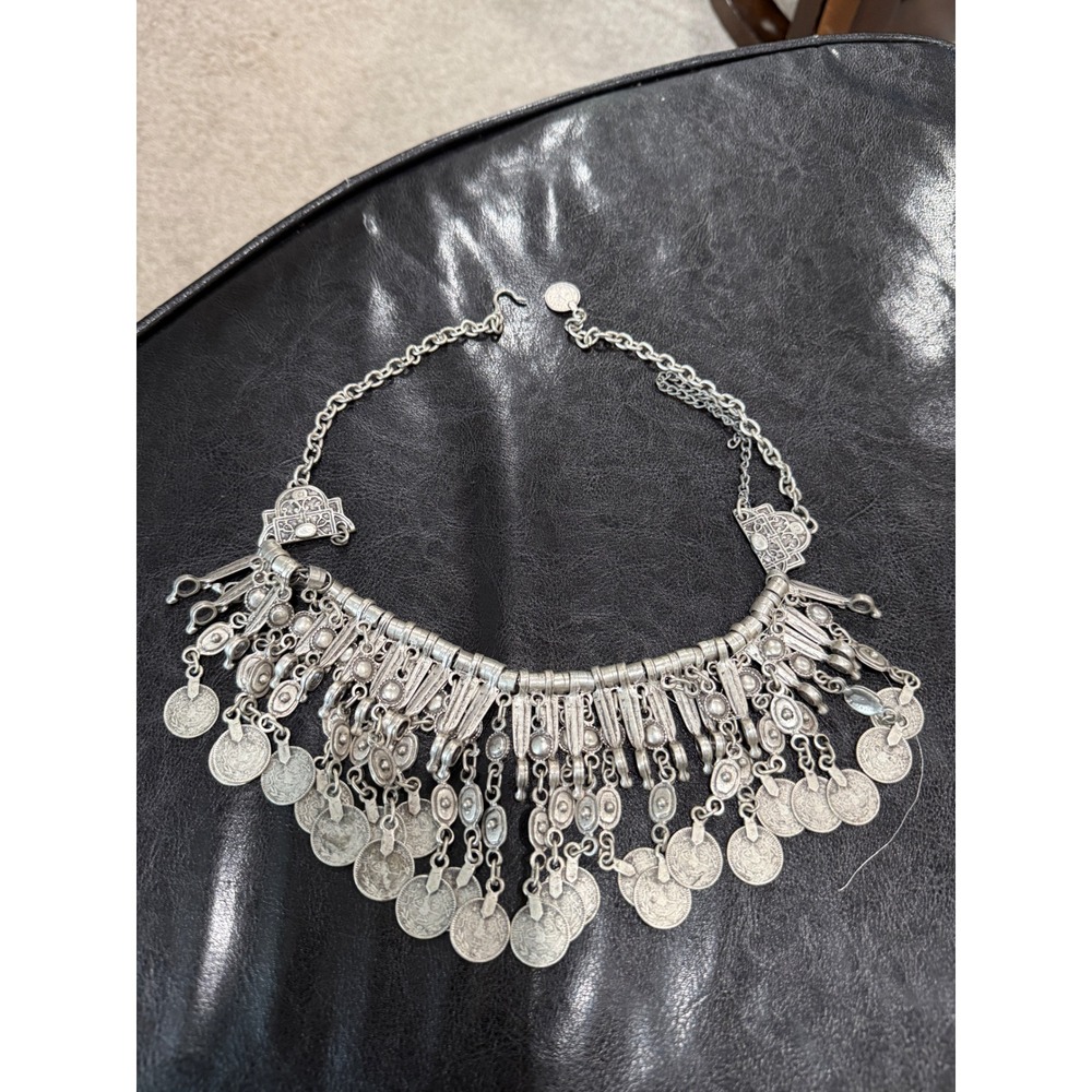 Vintage Style Silver Tone Coin Bib Necklace Bohemian Tribal Statement Jewelry